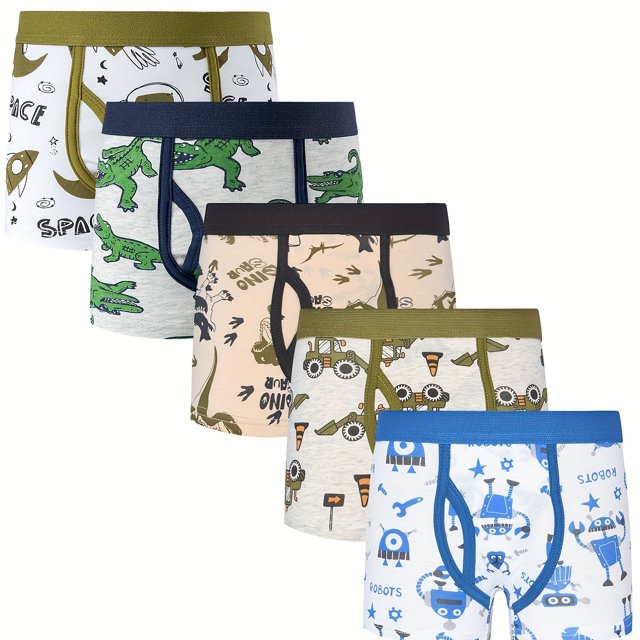 5pcs Boys Cute Cartoon Pattern Comfortable Cotton Boxers, Elastic Comfy Underwears