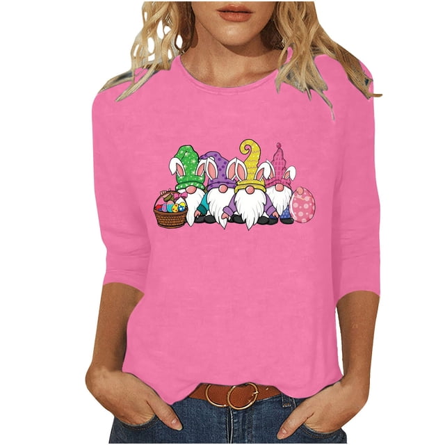 Blouse pour Femmes T-shirt Imprimé Col Rond de Pâques Manches 3/4 Col Rond Chandail