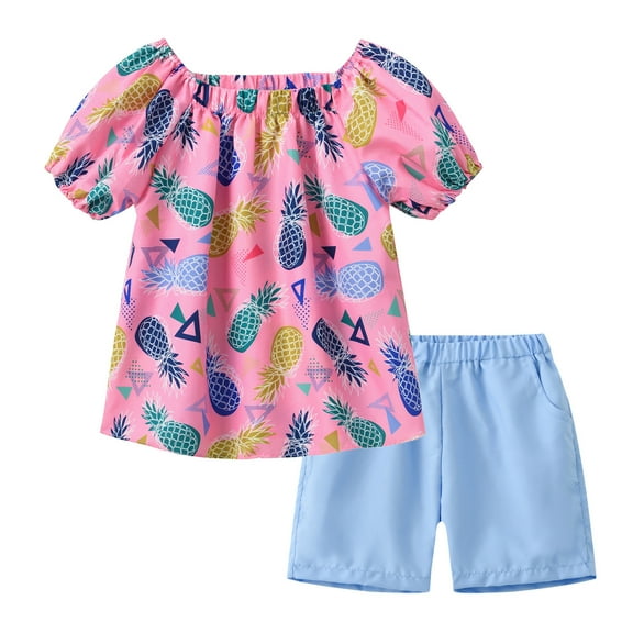 Titcea Toddler Girl Summer Outfits Round Neck Short Sleeve Cute Floral Printed T Shirts and Elastic Waisted Shorts 2 Piece Set
