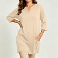 thumbnail image 6 of Women's Plus 3/4 Sleeve Tunic Tops Notch V Neck Flowy Blouses Loose Fit Long Shirts with Pockets to Wear with Leggings Office Daily Wear, Beige, XL, 6 of 8