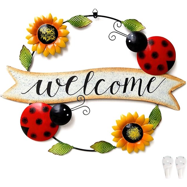 Cartel de bienvenida de girasol y escarabajo CHAO decoración de pared de metal