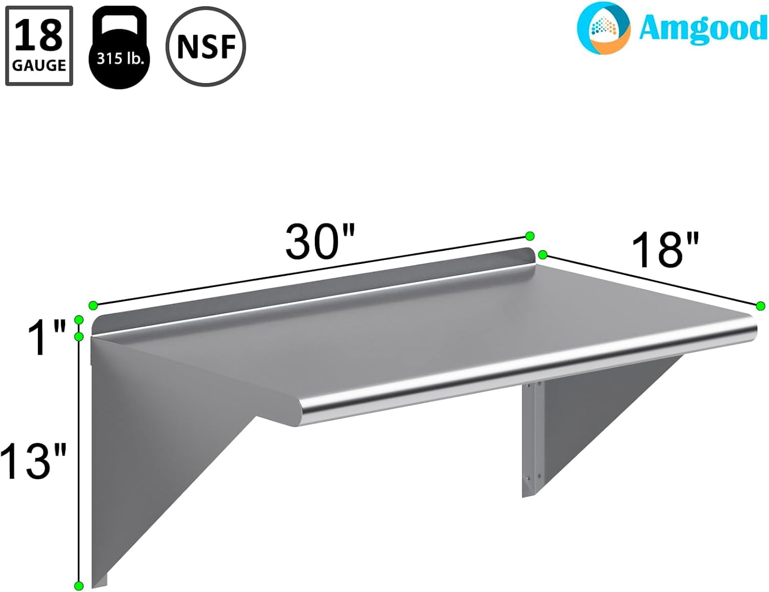Springg 18 in. x 30 in. Stainless Steel Wall Shelf | NSF | Metal Shelving | Garage, Laundry, Storage, Utility Room | Restaurant, Commercial Kitchen