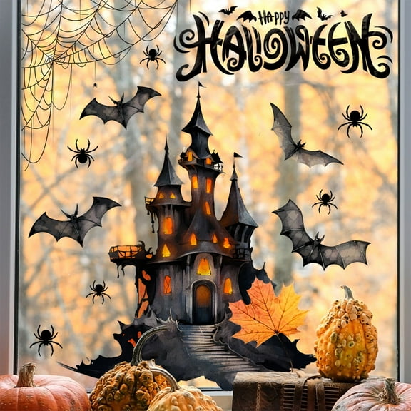 Gallickan Halloween Decorations, 2Pcs Halloween Wall Sticker Bats Spider Castle Wall Decal Stickers for Window Home Kids Room Nursery Halloween Party Supplies, Black