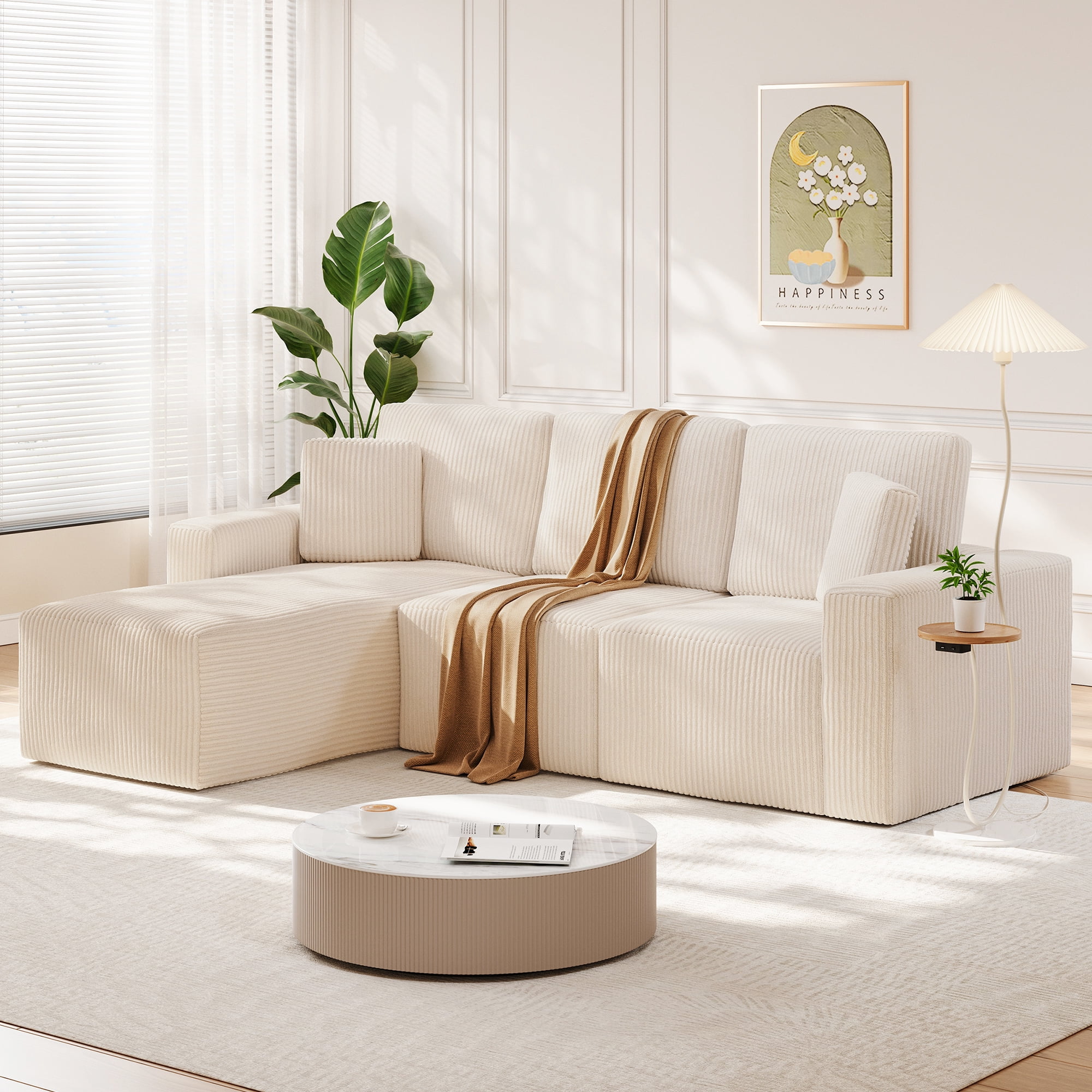 Solid Wood Frame Corduroy Sofa Couch, Neche 100" Sectional for Living Room, L-Shaped, Beige