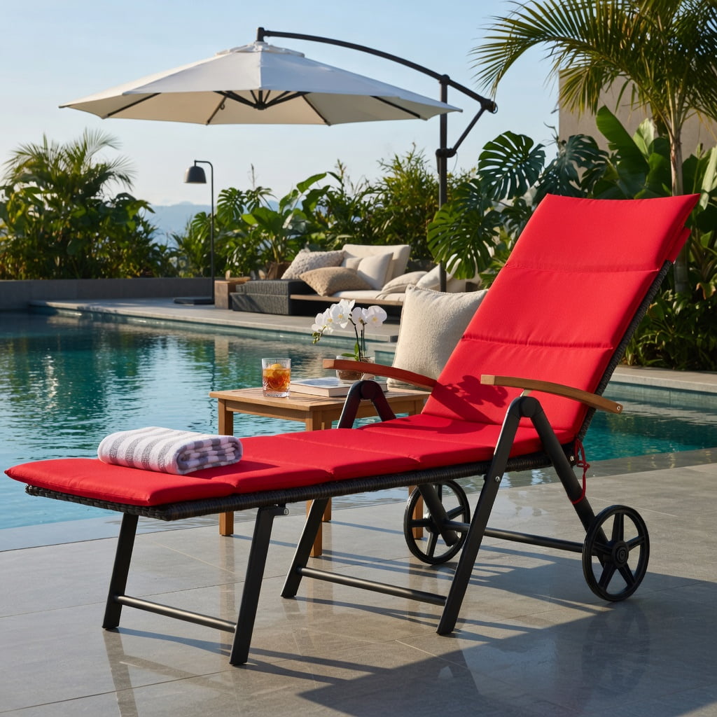 Hommoo Adjustable Folding Outdoor Rattan Lounge Chair with 2 Wheels, PE Wicker Recliner for Patio, Pool & Beach, Red