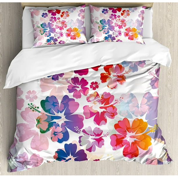 Juego de funda nórdica hawaiana, estampado de flores tropicales de Hawái con temática de isla floral exótica, juego de cama decorativo de 3 piezas con 2 fundas de almohada, color rosa y naranja