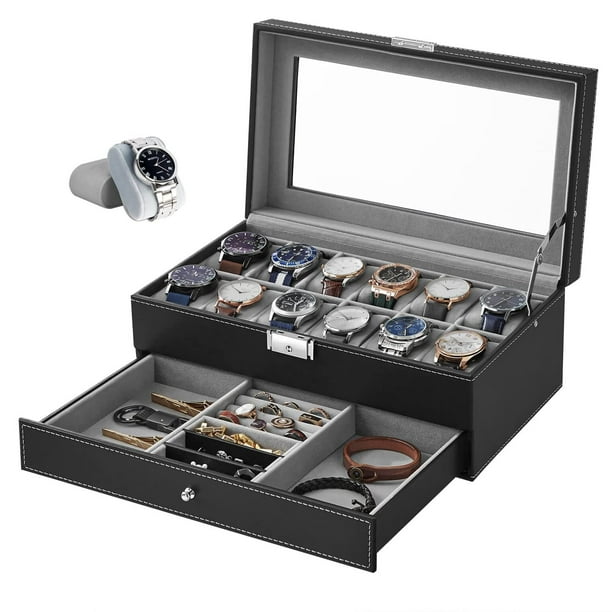 Reloj Caja Organizador, Estuche Alhajero con 12 Compartimentos y 1 Cajón para Joyería y Relojes, Caja Reloj de Piel PU, Relojero con Tapa Cristal y Forro Terciopelo,Regalo para Hombre y Mujer (Negro)