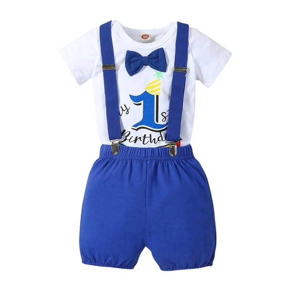 Tiijoy Baby Boy First Birthday Outfits Summer Short Sleeve Romper Suspenders Shorts Set