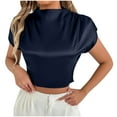 thumbnail image 2 of Qulqfy Women's Holiday Blouses Satin Silk Petite Blue Cropped T-Shirt Short Sleeve Shirt Going Out Tops for Women S, 2 of 8
