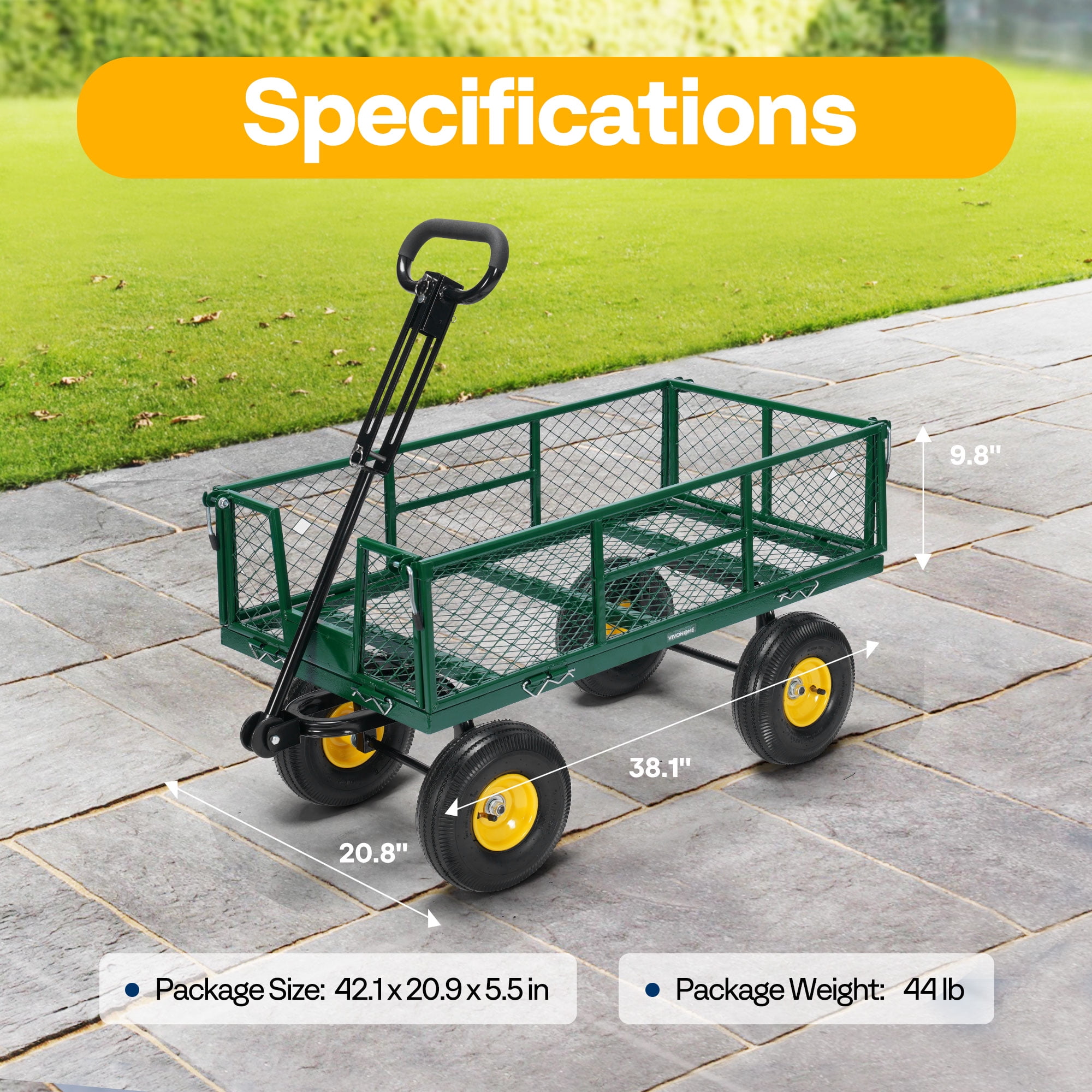 SPECSTAR Steel Wagon Cart 900lbs Capacity, with 10 inch Tire and Handle Attach to ATV or Tractor, Green