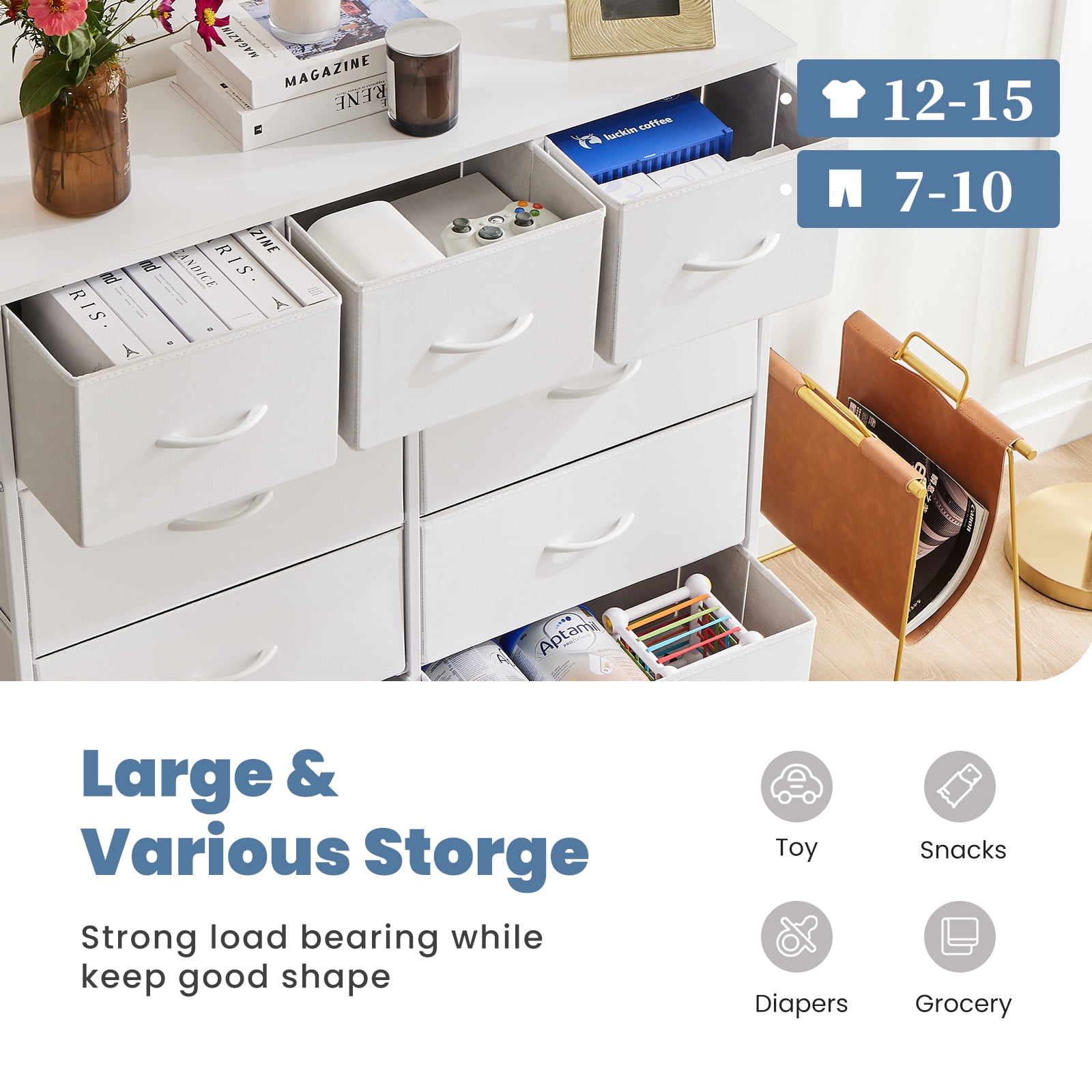 CONCETTA 9-Drawer Fabric Dresser Storage Chest for Bedroom, Closet, Storage Furniture for Adults, White