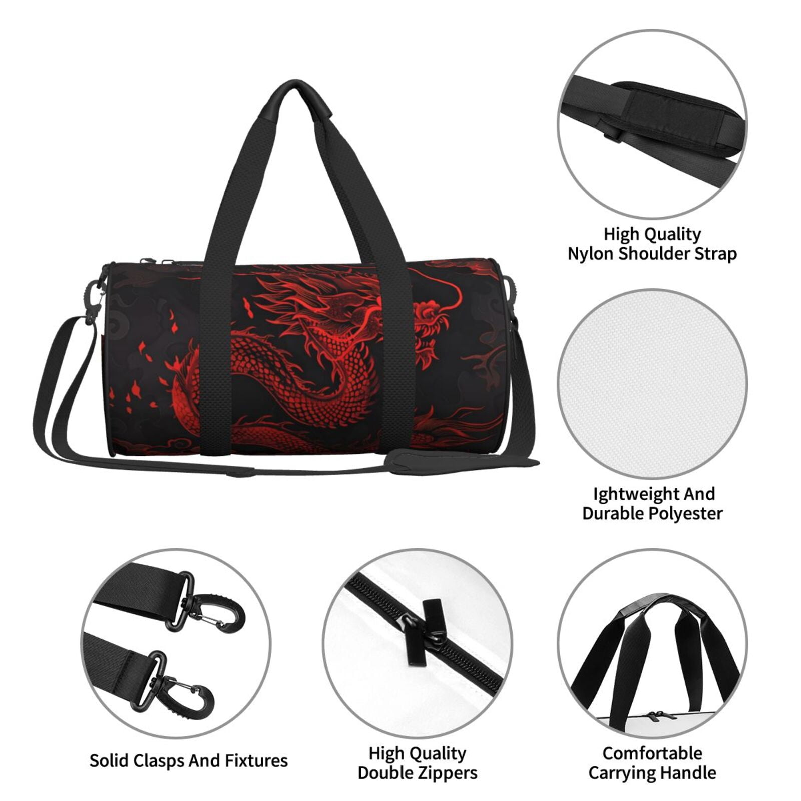 Defioc Red Dragon On Black for Travel Duffle Bag,Weekender Bag Carry On Tote Bags Hospital Bag Large Capacity Sport Gym Bag for Men Women Fit for Trave, Gym,Weekend