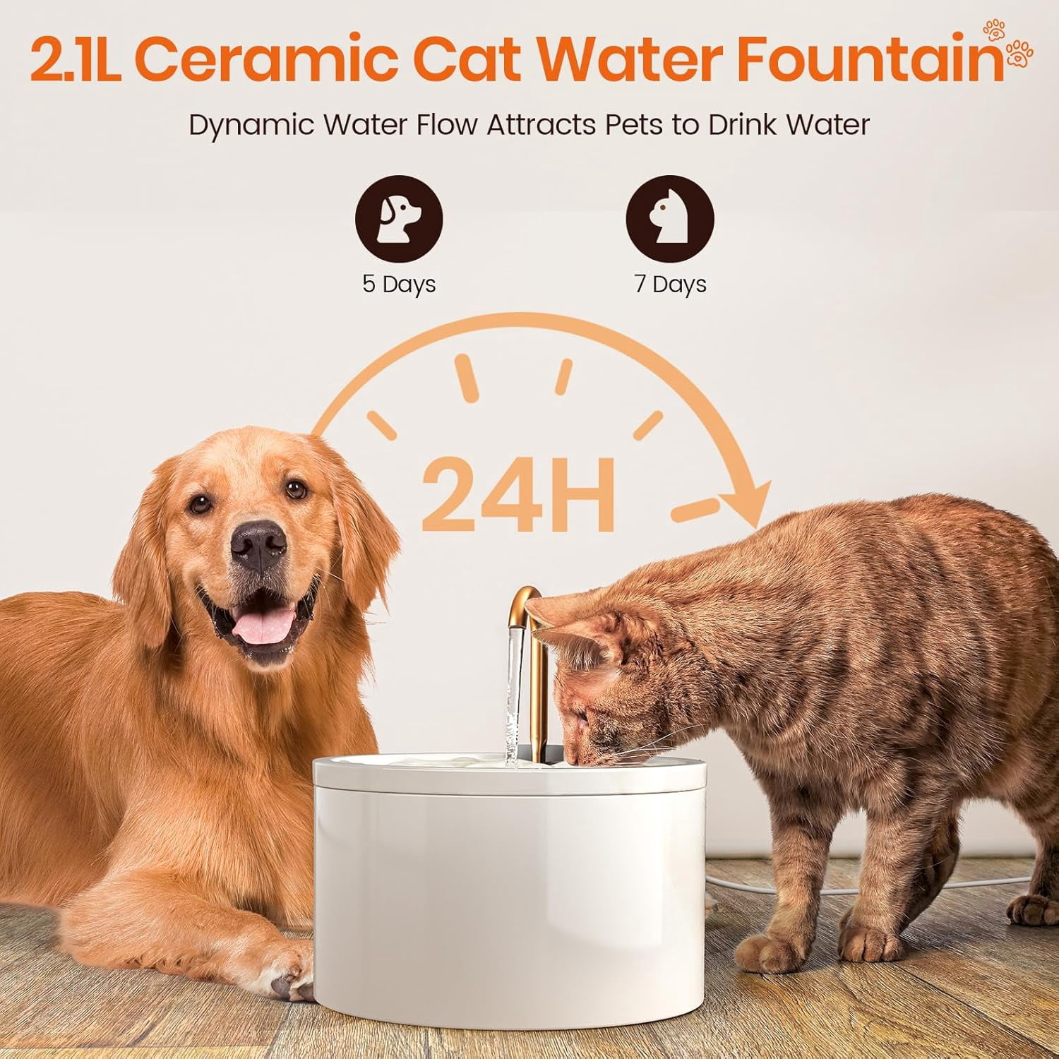 Ceramic Cat Water Fountain - 2.1L/71oz - All-Ceramic Body & Pure Copper Water Spout - Non-Toxic - Automatic Pet Drinking Fountain Indoor with Ultra-Quiet Pump, and 3Pcs Filter & Sponge