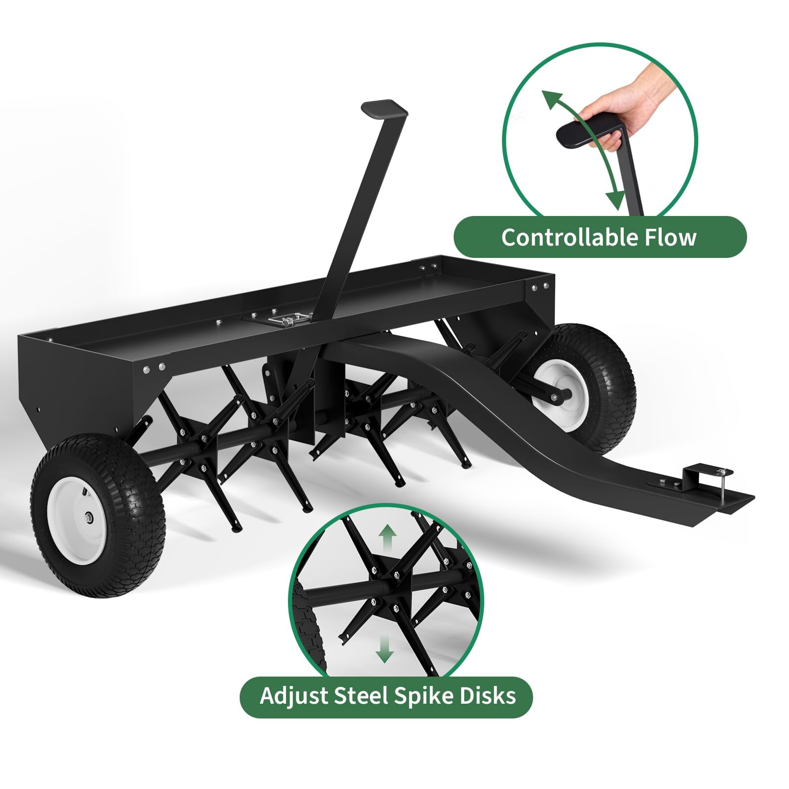 TEQIN Tow Behind Lawn Aerator,Tow Behind Aerator, Heavy Duty Plug Aerator With Hitch, Lawn Aerator Tow Behind With Steel Tines, Plug Aerator Tow Behind With Tray & Inflatable Wheels