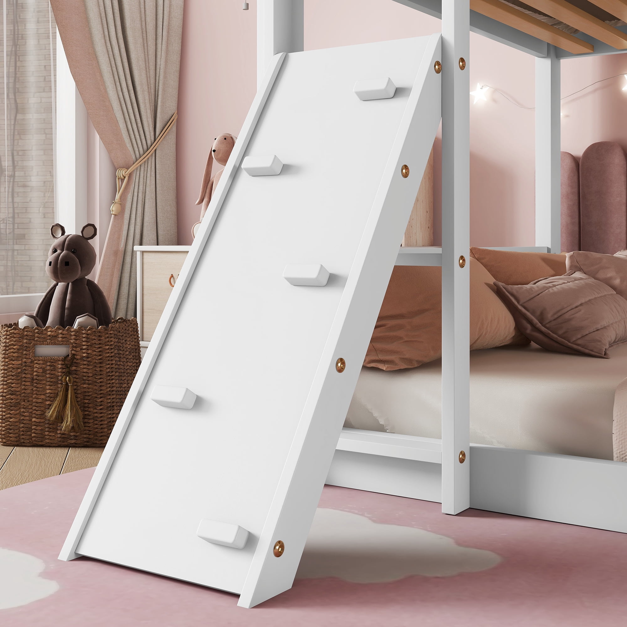 Leumius Twin Over Twin Floor Bunk Bed, Playhouse Floor Bunk Bed with Climbing Ramp, Ladder, Safety Guardrails for Boys Girls White