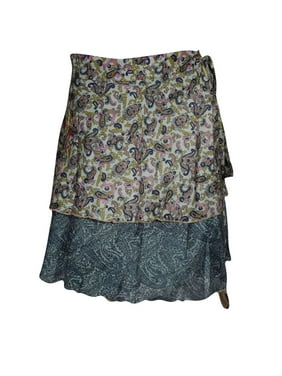 Mogul Women Sari Wrap Skirt 2 Layer Printed Wrap Around Skirts