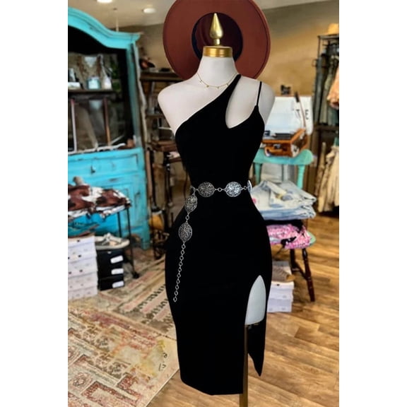 Elegant Black One Shoulder Bodycon Midi Dress for Women Asymmetrical Cutout High Low Hem Side Slit Stretch Dress for Date Night Cocktail Party Wedding and Formal Occasions