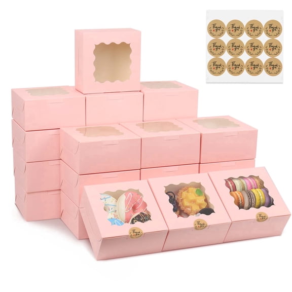 50 Pcs 6x6x3 in Bakery Boxes with Window, Pink Cookie Boxes for Gift Giving, Treat Boxes for Desserts, Macarons, Donuts, Pastries