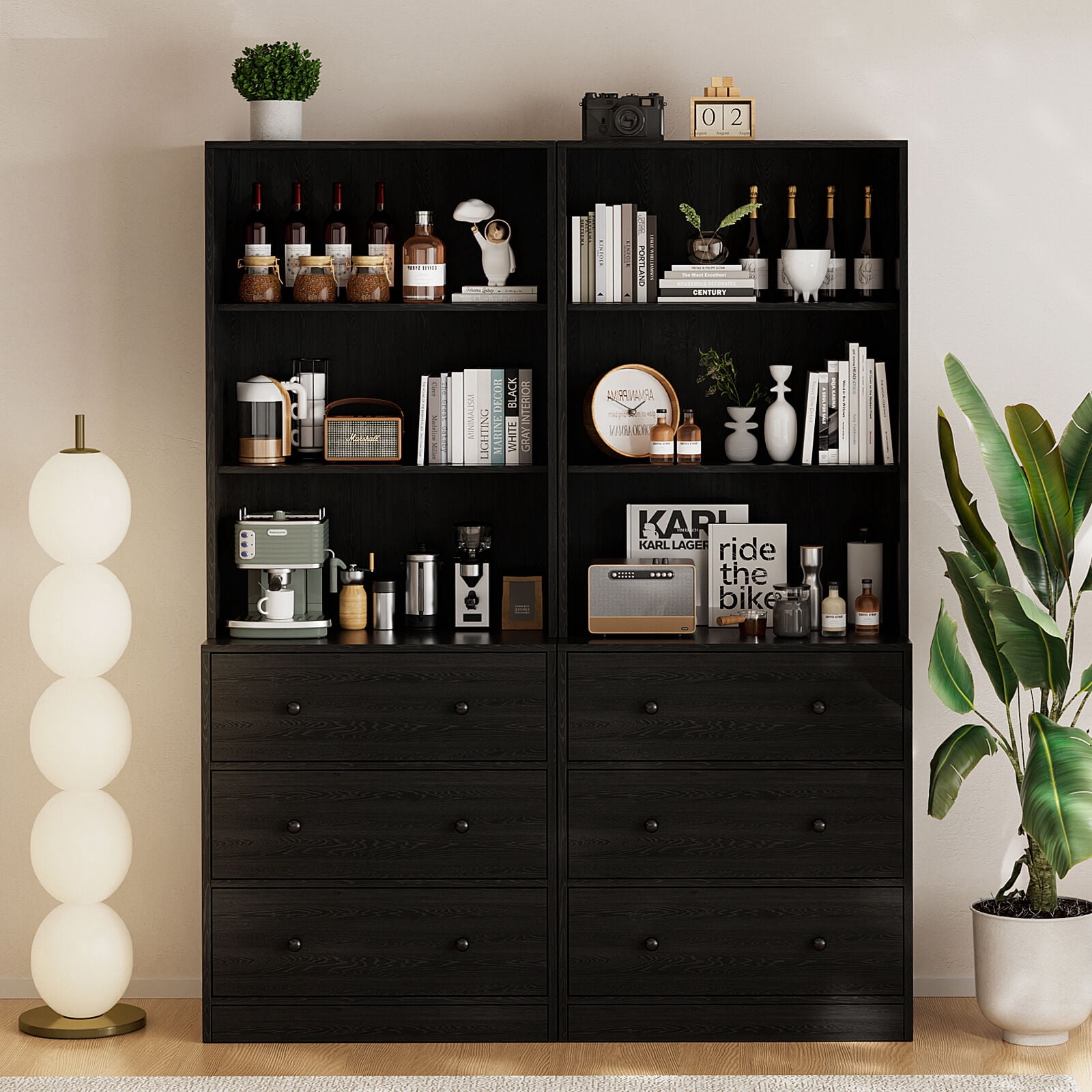 RichYa 4-Piece Entertainment Center with Bookshelves for TVs,TV Stand for TVs up to 60”,TV Stand Cabinets with 6 Drawers for Living Room,Black