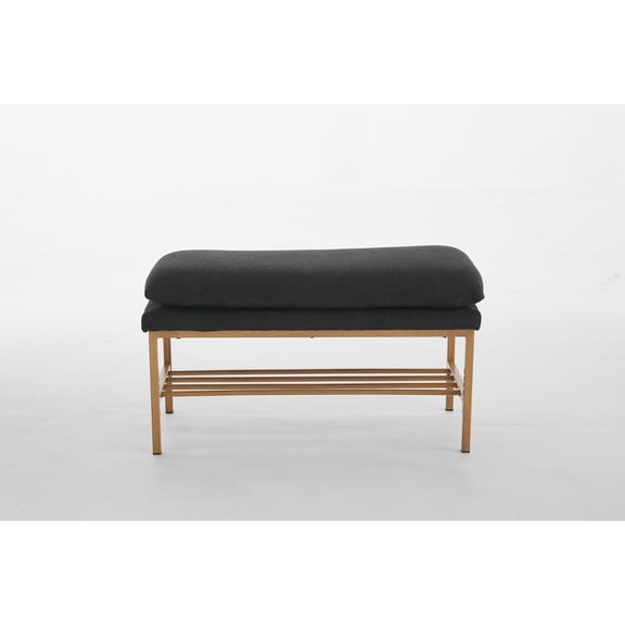 Modern Linen Upholstered Storage Bench with Shelf - Black Entryway Shoe Bench for Bedroom, Living Room, Hallway - Sturdy Metal Legs, 14.2" x 32" x 17.7", 300 LB Capacity