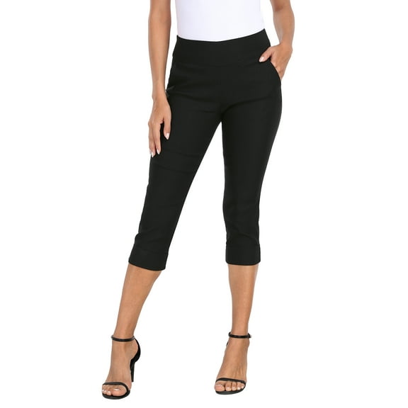 HDE Women's Pull On Capri 19" Inseam Cropped Pants with Pockets Black S