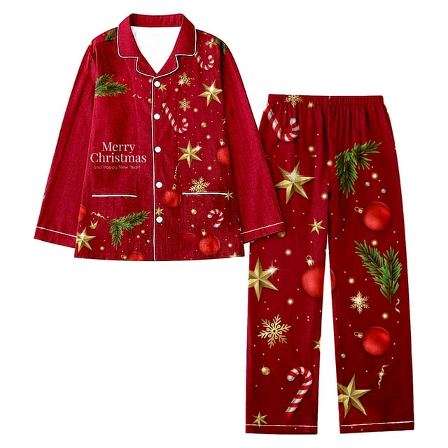 Kcodviy Femmes Noël Col à Revers Shorts Complets et Pyjamas Imprimé Père Noël Vacances Décontracté Ensemble de Pyjamas pour Femmes Flocons de Neige Manches Longues Pantalon Ensemble de Pyjamas pour Ados