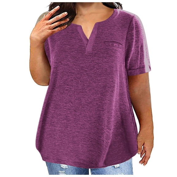 Plus Size Soft Cotton T Shirts for Women Loose Summer Top Comfy Short Sleeve V Neck Base Tees Solid Color Tshirts (XL, Light Purple)