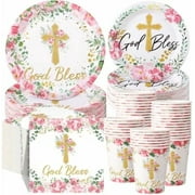 250 Pcs Pink Baptism Cross Disposable Tableware Set First Holy Communion Baptism Disposable Paper Plates Napkins and Cups for Christening Celebration Baby Shower Religious Supplies
