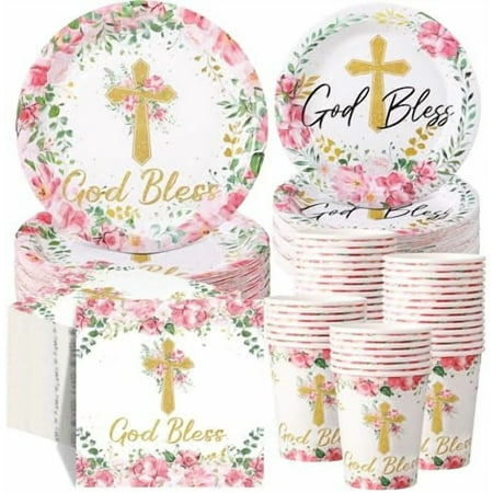 250 Pcs Pink Baptism Cross Disposable Tableware Set First Holy Communion Baptism Disposable Paper Plates Napkins and Cups for Christening Celebration Baby Shower Religious Supplies