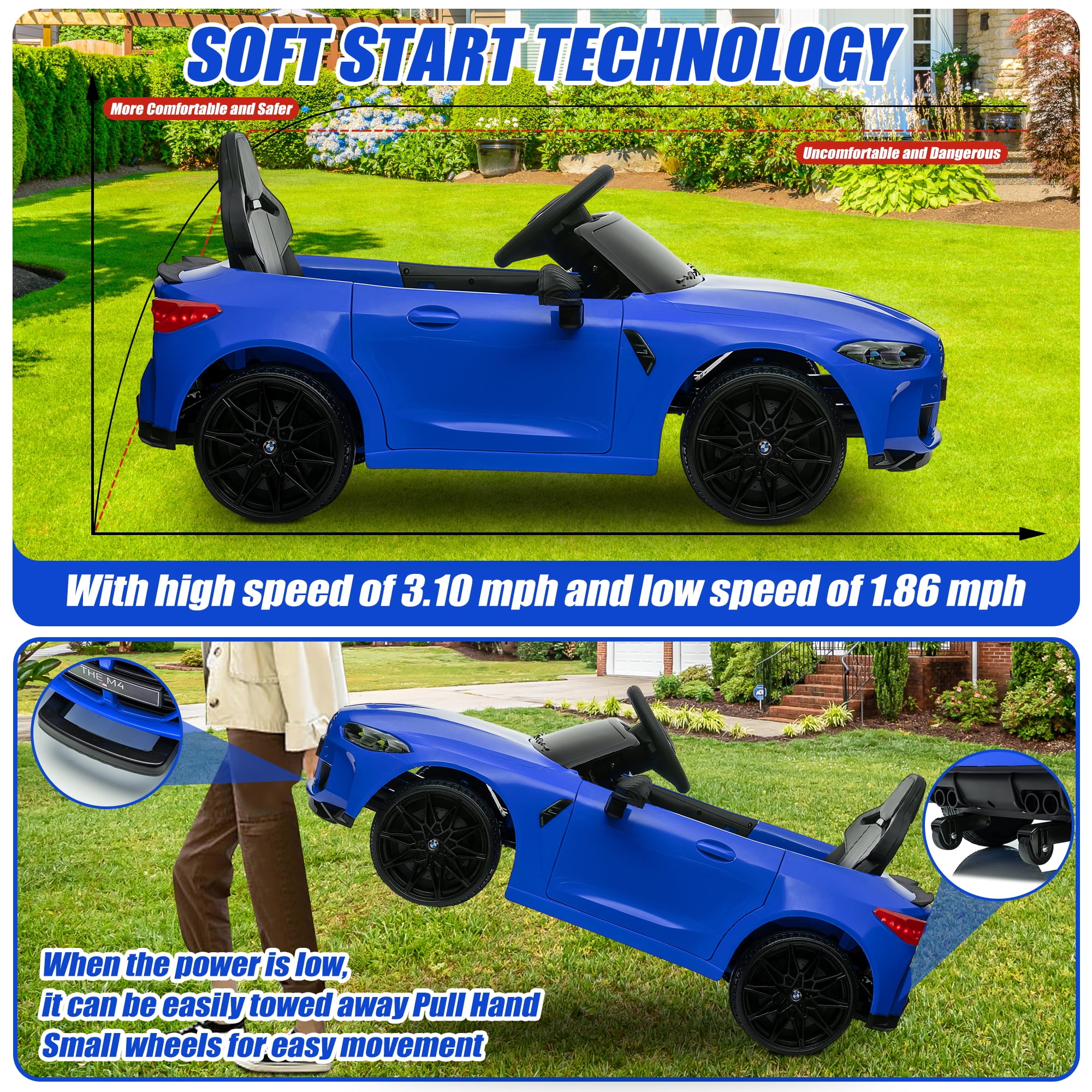 12V Ride on Cars with Remote Control, Licensed BMW M4 Battery Powered Ride on Toys for Kids Boys Girls Gifts, Kids Electric Cars Vehicle with Music, Bluetooth, Story, USB/MP3 Port, LED Light, Blue