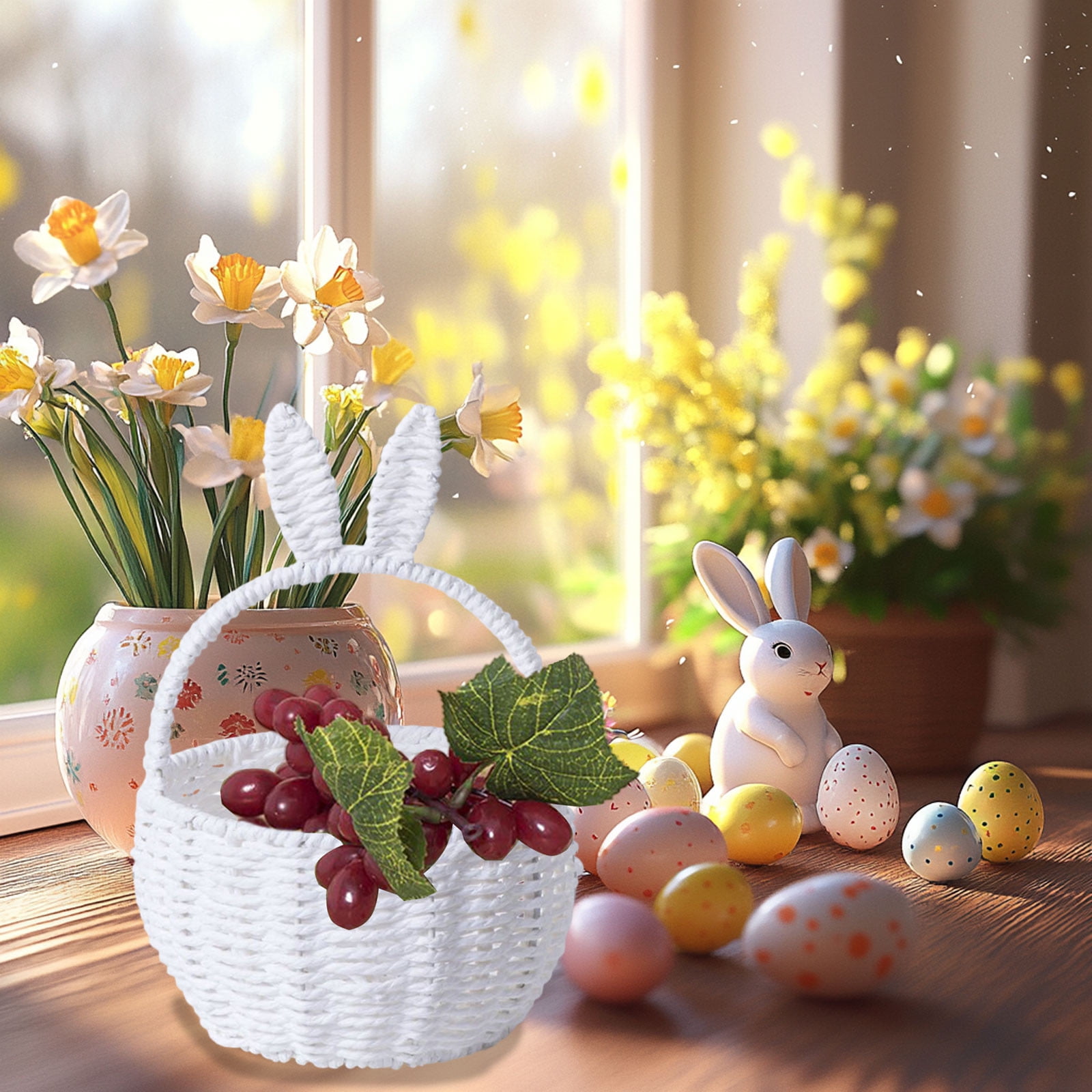 White White Woven Bunny Basket For Spring And Easter Decor Versatile Storage Tote For Holiday Gifts Books And Living Room Organization