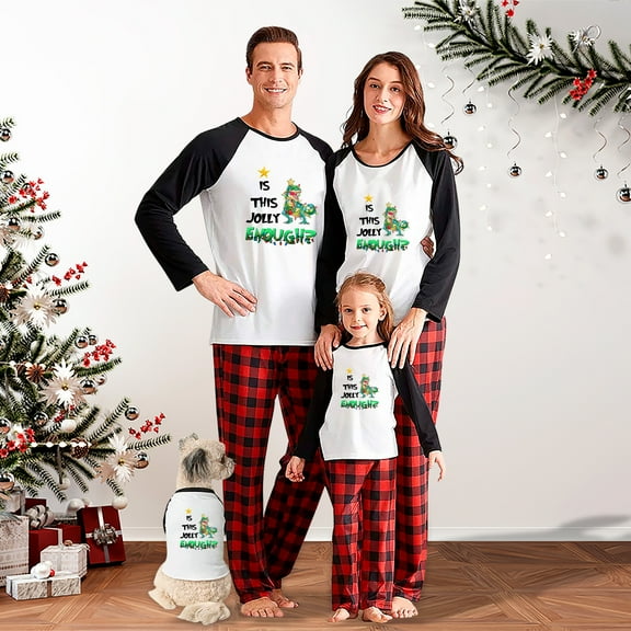Family Matching Christmas Pajamas Red Dinosaur Plaid and Black Sleeves with Is This Jolly Enough Design, Sizes NB to 6XL with Pet Outfit