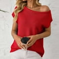 thumbnail image 4 of Fesfesfes Women's Fashion Tops Casual Fall Spring Solid Color off Shoulder Short Sleeve Pullover Knit Sweater Comfy Daily Wearing Clothes(Red,XL), 4 of 6