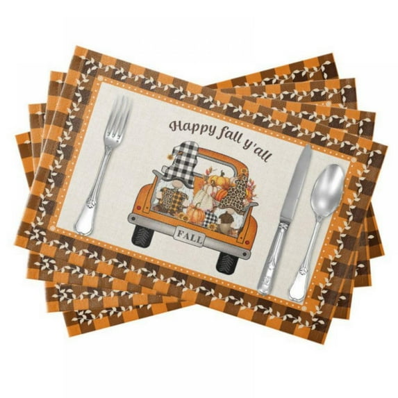 6PCS Happy Thanksgiving Day Printed Cotton Linen Fabric Insulation Western Placemat Table Mats Kitchen Mat Dining Place mat Heat-Resistant Easy Clean Thanksgiving Accessory