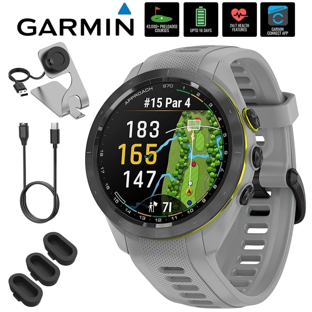 Garmin 010-02746-01 Approach S70 42 mm Premium GPS Golf Watch, Powder Grey Band Bundle with Deco Essentials Charging Dock, 3x Silicone Dust Cover and USB Type C Charging and Sync Cable
