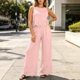 thumbnail image 6 of Women 2 Piece Lace Matching Outfit Set, Sleeveless Round Neck Lace Crop Top High Waist Wide Leg Pants with Floral Hollow Hem Casual Party Vacation Tracksuit Pink S(S), 6 of 7