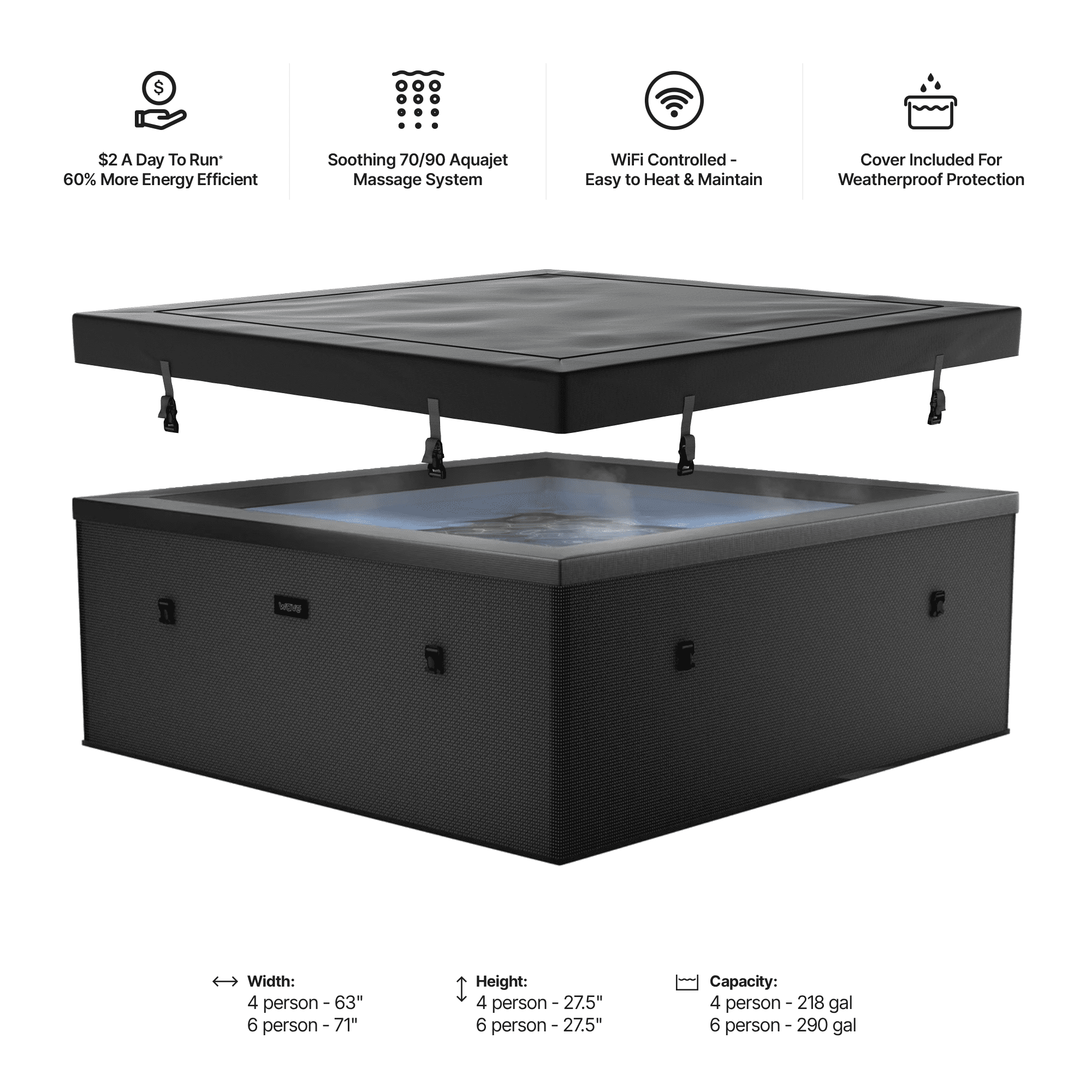 Wave Garda 4-Person Square Eco Foam Hot Tub | 70-Jet Spa, Wi-Fi Eco Heater | Charcoal Black