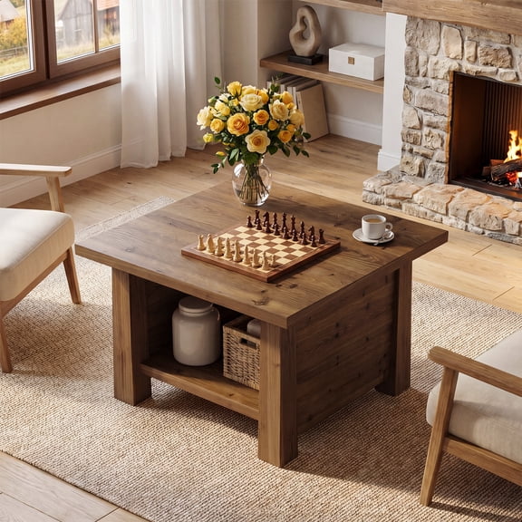 Finmind Solid Wood Square Coffee Table for Living Room, 31.5" Farmhouse 2-Tier Center Table with Storage Shelf, for Apartment, Office, Rustic Brown