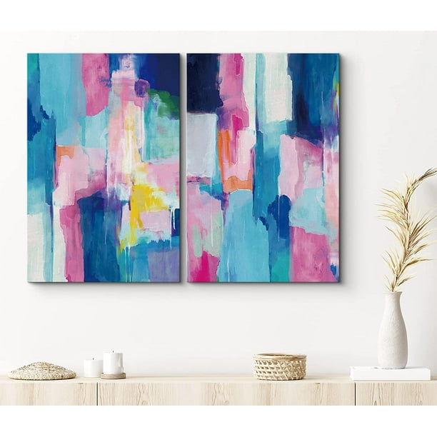 PixonSign Abstract Canvas Wall Art Set of 2 Blue and Pink Blocks Pastel Painting Canvas Prints Contemporary Modern Colorful Wall Decor for Living Room Bedroom Office - 24"x36"x2 - Walmart.com