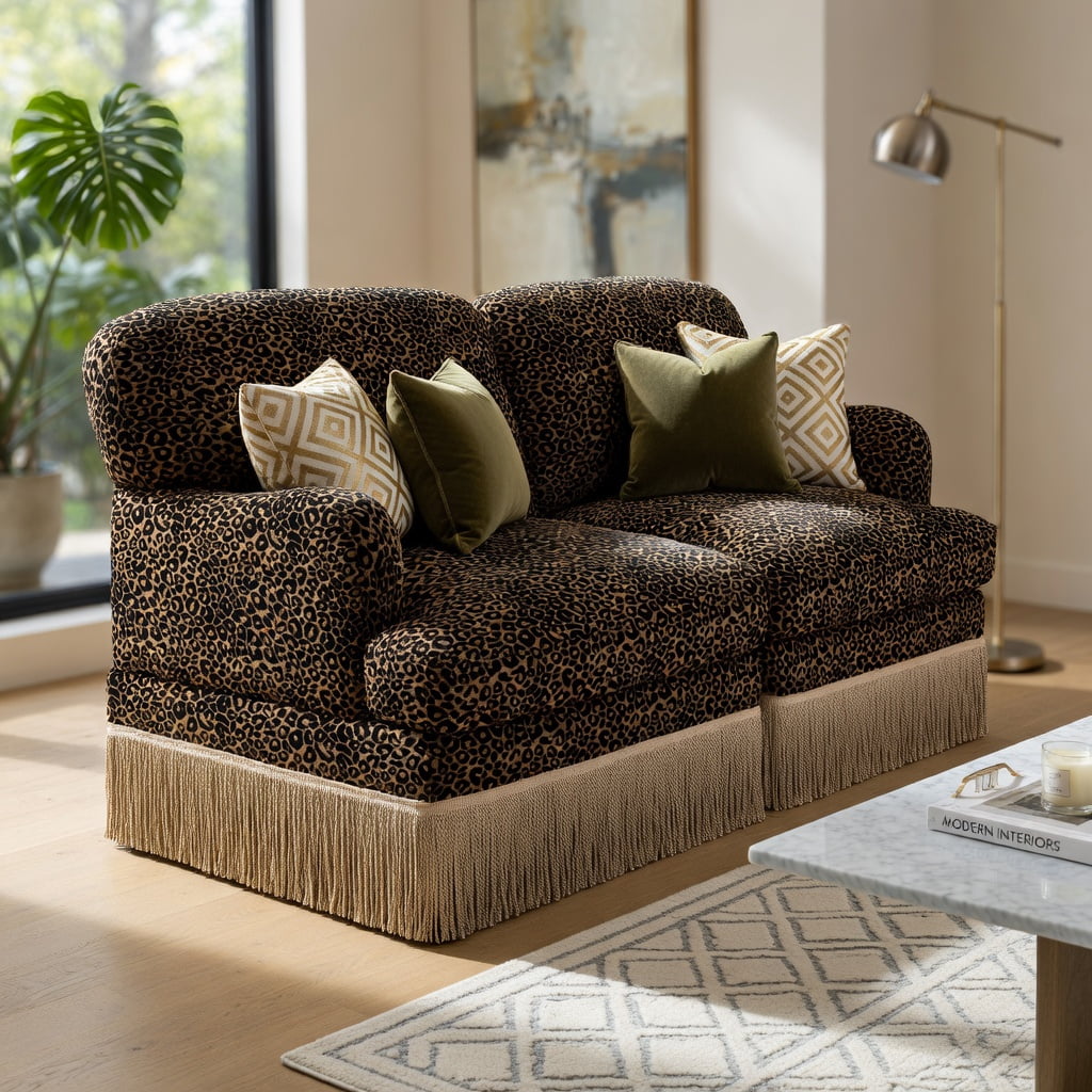 Hommoo Comfy Chenille Leopard Print Loveseat Sofa with Movable Ottomans, Tassel Trim & Ergonomic Deep Seat, Modern 2-Seat Modular Living Room Couch, Brown