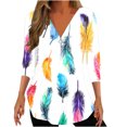 thumbnail image 1 of Penkiiy Chemises Demi-Fermeture Éclair pour Femmes Imprimé Plumes Col en V Tunique Manches 3/4 Roulable Décontracté Tendance 2TG Multicolore, 1 of 5