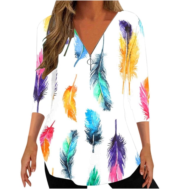 Penkiiy Chemises Demi-Fermeture Éclair pour Femmes Imprimé Plumes Col en V Tunique Manches 3/4 Roulable Décontracté Tendance 2TG Multicolore