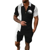 Baqcunre Track Suits For Men Set Men'S Sportswear Print Color Short Sleeve Zip Shirt Shorts Set Summer Casual Streetwear Suits Mens Outfits Tops For Men Black L