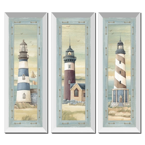 Set of 3 Lighthouse Art Prints Beach Country Coastal Décor-Three 6x18 White Framed Prints