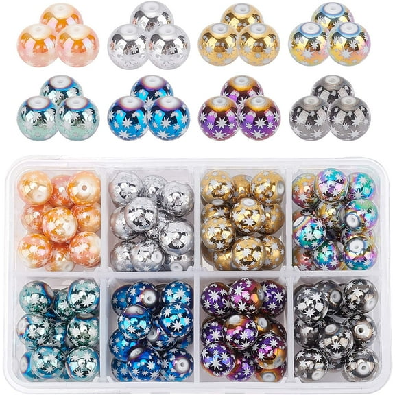1box 104~120pcs 8 colors 10mm Christmas Electroplate Round Glass Beads with Star Pattern Smooth Loose Beads for Bracelet Necklace Earrings Jewelry Making