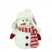13" Ivory Red and White Chubby Smiling Snowman with Winter Hat Plush Table Top Christmas Figure