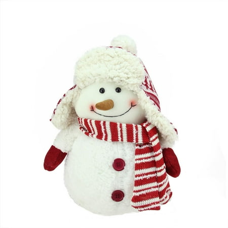13" Ivory Red and White Chubby Smiling Snowman with Winter Hat Plush Table Top Christmas Figure