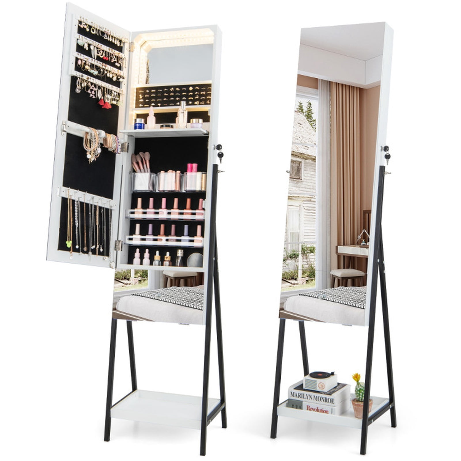 Furnibear Lockable Freestanding Jewelry Organizer with Full-Length Frameless Mirror for Bedroom Dressing Room Jewelry Necklace Rings Storage, White