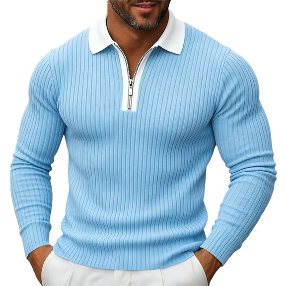 Kvture Men's Knit Golf Shirts Business Casual 1/4 Zip Collar Tshirt Summer Tee Long Sleeve Classic Color Block Tees Blue Pullover XXL