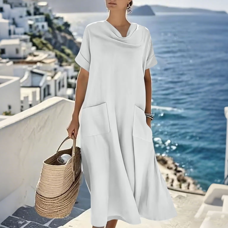 cowl neck cotton dress VBVC Women's Collared Button Down Shirt Dress,Pleated Maxi For Women,Ladies Summer and Vacation Wear with Pocket,Navy,S-2XL V-NECK BLACK DRESS Select Size Box Below, then 
